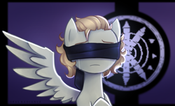 Size: 2800x1706 | Tagged: safe, artist:opal_radiance, imported from derpibooru, oc, oc only, pegasus, pony, equestria at war mod, blindfold, commission, crying, fanfic art, female, flag, looking at you, missing wing, solo, this will end in death, this will end in tears, this will end in tears and/or death