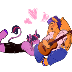 Size: 3300x3300 | Tagged: safe, artist:starsbursts, imported from derpibooru, flash sentry, twilight sparkle, anthro, pegasus, unguligrade anthro, unicorn, acoustic guitar, blushing, clothes, duo, eyes closed, female, flashlight, guitar, heart, leonine tail, lying down, male, muscles, musical instrument, open mouth, pants, prone, role reversal, scar, shipping, shirt, shorts, simple background, singing, sports shorts, straight, tail, tanktop, unicorn twilight, unshorn fetlocks, white background