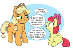 Size: 2621x1764 | Tagged: safe, artist:doodledonut, artist:doodledonutart, imported from derpibooru, apple bloom, applejack, earth pony, pony, apple sisters, applejack is not amused, chest fluff, duo, female, filly, foal, mare, open mouth, siblings, simple background, sisters, sitting, speech bubble, unamused, white background