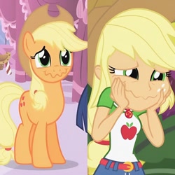 Size: 1472x1472 | Tagged: safe, edit, edited screencap, imported from derpibooru, screencap, applejack, earth pony, human, pony, equestria girls, equestria girls series, holidays unwrapped, season 4, simple ways, spoiler:eqg series (season 2), applejack is best facemaker, applejack's hat, clothes, cowboy hat, cute, female, freckles, g4, hand on cheek, hat, imminent laughing, jackabetes, mare, o come all ye squashful, wavy mouth