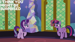 Size: 2000x1125 | Tagged: safe, edit, edited screencap, editor:quoterific, imported from derpibooru, screencap, starlight glimmer, twilight sparkle, alicorn, uncommon bond, magic, twilight sparkle (alicorn), twilight's castle