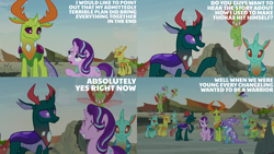 Size: 2000x1125 | Tagged: safe, edit, edited screencap, editor:quoterific, imported from derpibooru, screencap, arista, clypeus, cornicle, lokiax, pharynx, soupling, starlight glimmer, thorax, trixie, changedling, changeling, to change a changeling, frenulum (g4), king thorax, prince pharynx