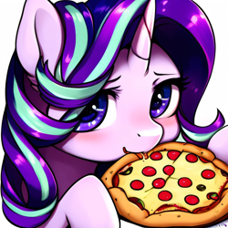 Size: 2048x2048 | Tagged: safe, imported from derpibooru, starlight glimmer, pony, unicorn, ai content, ai generated, blushing, cute, eating, female, food, generator:purplesmart.ai, generator:stable diffusion, glimmerbetes, high res, looking at you, mare, pizza, simple background, smiling, smiling at you, solo, white background