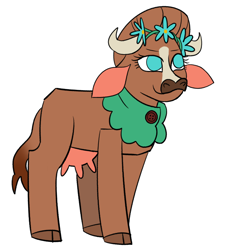 Size: 2100x2300 | Tagged: safe, artist:nonameorous, imported from derpibooru, cow, them's fightin' herds, cloven hooves, community related, female, floral head wreath, flower, horns, madison (tfh), neckerchief, simple background, smiling, solo, tail, udder, white background