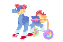 Size: 1280x854 | Tagged: safe, artist:itstechtock, imported from derpibooru, oc, oc:sunrise starshine, earth pony, pony, female, magical lesbian spawn, mare, missing limb, offspring, parent:izzy moonbow, parent:sunny starscout, parents:izzyscout, quadrupedal, roller skates, simple background, skates, solo, transparent background, wheelchair