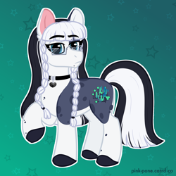 Size: 1800x1800 | Tagged: safe, artist:pink-pone, imported from derpibooru, oc, oc only, oc:clarabelle meadow, earth pony, pony, beauty mark, choker, commission, earth pony oc, female, glasses, looking at you, mare, raised hoof, solo, tail, two toned mane, two toned tail