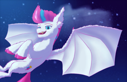 Size: 1836x1184 | Tagged: safe, artist:gosha305, imported from derpibooru, zipp storm, bat pony, pony, bat ponified, bat wings, chest fluff, ear fluff, fangs, female, flying, g5, grin, mare, night, night sky, race swap, sky, sky background, smiling, smug, solo, spread wings, wings