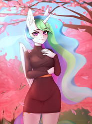Size: 2216x3000 | Tagged: safe, artist:kutoshi, imported from derpibooru, princess celestia, alicorn, anthro, beautiful, breasts, busty princess celestia, cherry blossoms, clothes, curvy, dress, ethereal hair, female, flower, flower blossom, hand on chest, lips, long nails, looking at you, pantyhose, reasonably sized breasts, sweater dress, thighs, turtleneck, wide hips, windswept mane