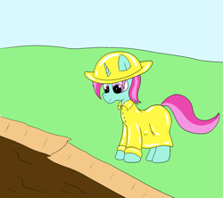 Size: 1575x1400 | Tagged: safe, artist:amateur-draw, imported from derpibooru, oc, oc only, oc:belle boue, unicorn, clothes, covered in mud, hat, mud, mud pony, muddy, pvc, raincoat, wet and messy