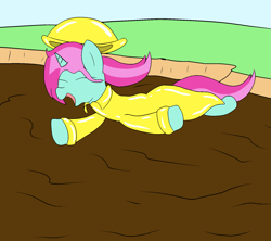 Size: 1575x1400 | Tagged: safe, artist:amateur-draw, imported from derpibooru, oc, oc only, oc:belle boue, pony, unicorn, clothes, hat, male, mud, pvc, raincoat, stallion, wet and messy