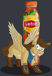 Size: 2090x3000 | Tagged: safe, artist:grrawesomeness, imported from derpibooru, oc, oc:buttercup, pegasus, angry, bandana, behaving like a dog, boots, ice tea, lipton, product placement, shoes, solo