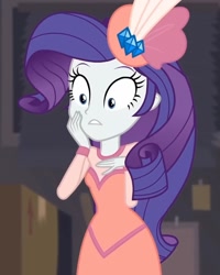 Size: 662x828 | Tagged: safe, imported from derpibooru, screencap, rarity, human, equestria girls, equestria girls series, rarity investigates: the case of the bedazzled boot, clothes, cropped, eyebrows, feather, frown, hand on cheek, hand on chest, hat, pillbox hat, rarity investigates (eqg): trixie, solo, surprised, teeth
