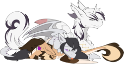 Size: 2490x1308 | Tagged: safe, artist:beardie, imported from derpibooru, oc, oc only, oc:buttercream scotch, oc:ryenn, oc:yiazmat, draconequus, dragon, draconequus oc, dragon oc, feathered wings, horn, horns, male, non-pony oc, pile, simple background, spread wings, tail, transparent background, trio, trio male, wings