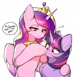 Size: 2048x2048 | Tagged: safe, artist:minekoo2, imported from derpibooru, princess cadance, twilight sparkle, alicorn, pony, awww, boop, cute, cutedance, duo, duo female, female, hoof on shoulder, hug, lidded eyes, looking down, simple background, sisters-in-law, speech bubble, twiabetes, white background