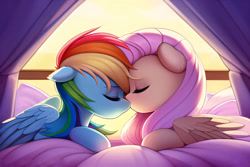 Size: 3072x2048 | Tagged: safe, imported from derpibooru, fluttershy, rainbow dash, pegasus, pony, ai content, ai generated, bed, bedroom, curtains, cute, duo, duo female, eyes closed, female, floppy ears, flutterdash, generator:novelai, generator:stable diffusion, high res, indoors, lesbian, lying down, mare, nuzzling, prompter:endless--, prone, shipping, window, wings