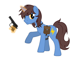 Size: 2869x2215 | Tagged: safe, artist:equestria secret guard, imported from derpibooru, oc, oc only, oc:frozen flash, oc:冰闪, unicorn, bag, flashlight (object), gun, hoofgun, horn, magic, male, saddle bag, silent congruence town, silent congruence town 2, simple background, telekinesis, transparent background, unicorn oc, weapon