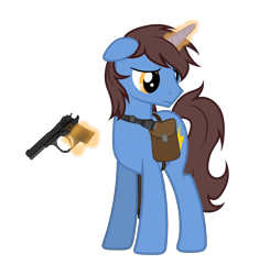 Size: 2078x2215 | Tagged: safe, artist:equestria secret guard, imported from derpibooru, oc, oc only, oc:frozen flash, oc:冰闪, unicorn, bag, flashlight (object), gun, hoofgun, horn, looking at something, magic, male, saddle bag, silent congruence town, silent congruence town 2, simple background, telekinesis, transparent background, unicorn oc, weapon
