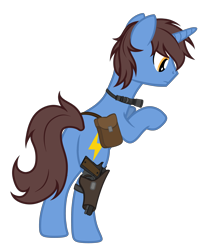 Size: 2980x3500 | Tagged: safe, artist:equestria secret guard, imported from derpibooru, oc, oc only, oc:frozen flash, oc:冰闪, pony, unicorn, bag, bipedal, bipedal leaning, butt, flashlight (object), gun, hoofgun, horn, leaning, male, plot, rear view, saddle bag, silent congruence town, silent congruence town 2, simple background, standing on two hooves, transparent background, unicorn oc, weapon