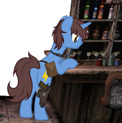 Size: 3743x3770 | Tagged: safe, artist:equestria secret guard, imported from derpibooru, oc, oc only, oc:frozen flash, oc:冰闪, pony, unicorn, alcohol, bag, bipedal, bipedal leaning, butt, counter, flashlight (object), gun, hoofgun, horn, leaning, male, plot, rear view, saddle bag, silent congruence town, silent congruence town 2, simple background, standing on two hooves, transparent background, unicorn oc, weapon, wine