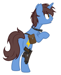 Size: 2861x3507 | Tagged: safe, artist:equestria secret guard, imported from derpibooru, oc, oc only, oc:frozen flash, oc:冰闪, pony, unicorn, bag, bipedal, bipedal leaning, butt, flashlight (object), gun, hoofgun, horn, leaning, male, plot, rear view, saddle bag, silent congruence town, silent congruence town 2, simple background, standing on two hooves, transparent background, unicorn oc, weapon