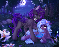 Size: 5000x4000 | Tagged: safe, artist:pesty_skillengton, imported from derpibooru, oc, oc only, alicorn, bat pony, bat pony alicorn, pony, bat wings, duo, female, flower, flower in hair, forest, horn, love, male, mare, moon, night, stallion, wings