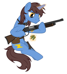 Size: 2953x3264 | Tagged: safe, artist:equestria secret guard, imported from derpibooru, oc, oc only, oc:frozen flash, oc:冰闪, unicorn, ammunition, bag, flashlight (object), gun, hoof hold, horn, magic, male, reloading, saddle bag, shotgun, shotgun shell, silent congruence town, silent congruence town 2, simple background, sitting, telekinesis, transparent background, unicorn oc, weapon