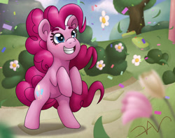 Size: 2200x1738 | Tagged: safe, artist:swasfews, imported from derpibooru, pinkie pie, earth pony, pony, confetti, female, flower, grin, looking up, outdoors, path, rearing, road, smiling, solo, three quarter view, tree