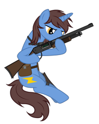 Size: 2718x3392 | Tagged: safe, artist:equestria secret guard, imported from derpibooru, oc, oc only, oc:frozen flash, oc:冰闪, unicorn, ammunition, bag, flashlight (object), gun, hoof hold, horn, male, reloading, saddle bag, shotgun, shotgun shell, silent congruence town, silent congruence town 2, simple background, sitting, transparent background, unicorn oc, weapon