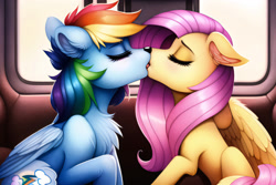 Size: 3072x2048 | Tagged: safe, imported from derpibooru, fluttershy, rainbow dash, dog, dog pony, original species, pegasus, pony, ai content, ai generated, chest fluff, cute, duo, duo female, ear fluff, eyes closed, female, fluffy, flutterdash, french kiss, generator:novelai, generator:stable diffusion, high res, indoors, kissing, lesbian, love, mare, prompter:endless--, shipping, sitting, train, window, wings