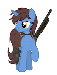 Size: 2840x3716 | Tagged: safe, artist:equestria secret guard, imported from derpibooru, oc, oc only, oc:frozen flash, oc:冰闪, unicorn, bag, flashlight (object), front view, gun, hoofgun, horn, male, saddle bag, shotgun, silent congruence town, silent congruence town 2, simple background, transparent background, unicorn oc, walking, weapon