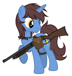 Size: 3144x3304 | Tagged: safe, artist:equestria secret guard, imported from derpibooru, oc, oc only, oc:frozen flash, oc:冰闪, unicorn, bag, flashlight (object), gun, horn, looking at something, male, saddle bag, shotgun, silent congruence town, silent congruence town 2, simple background, transparent background, unicorn oc, walking, weapon