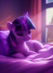 Size: 512x704 | Tagged: safe, imported from derpibooru, twilight sparkle, unicorn, ai content, ai generated, bed, eyes closed, female, mare, pillow, sleeping, solo, unicorn twilight, window