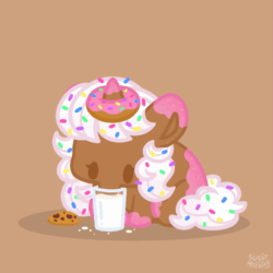 Size: 585x584 | Tagged: safe, artist:sugar morning, imported from derpibooru, oc, oc:donut daydream, pony, unicorn, animated, cookie, donut, food, lapping, licking, milk, tongue out