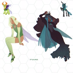 Size: 2048x2048 | Tagged: safe, artist:cryweas, imported from derpibooru, queen chrysalis, thorax, changedling, changeling, human, alternate hairstyle, boots, bracelet, clothes, corset, crown, cyrillic, dark skin, dress, duo, elf ears, eyeshadow, genderfluid, high heel boots, humanized, jewelry, lipstick, makeup, nail polish, regalia, shoes, simple background, socks, stockings, thigh highs, translation request, white background, winged humanization, wings