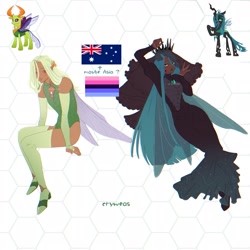 Size: 2048x2048 | Tagged: safe, artist:cryweas, imported from derpibooru, queen chrysalis, thorax, changedling, changeling, human, alternate hairstyle, australia, australian, boots, bracelet, clothes, corset, crown, dark skin, dress, duo, duo male and female, elf ears, eyebrows, eyeshadow, female, frown, high heel boots, high res, humanized, jewelry, lipstick, makeup, male, nail polish, omnisexual, omnisexual pride flag, pride, pride flag, regalia, shoes, simple background, socks, stockings, thigh highs, white background, winged humanization, wings
