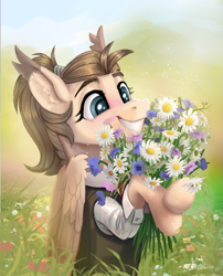 Size: 1949x2408 | Tagged: safe, artist:helmie-art, imported from derpibooru, oc, oc only, oc:dima, pegasus, pony, bouquet of flowers, clothes, ear fluff, field, flower, folded wings, grass, grin, happy, meadow, smiling, solo, suit, wings