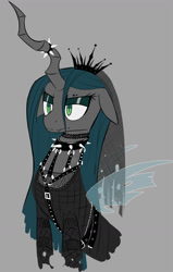 Size: 796x1249 | Tagged: safe, artist:ikarooz, imported from derpibooru, queen chrysalis, changeling, changeling queen, bust, choker, clothes, crown, fangs, female, fishnets, frown, goth, horn, jewelry, makeup, regalia, simple background, solo, spiked choker, wings