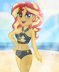 Size: 4944x6024 | Tagged: safe, artist:emeraldblast63, imported from derpibooru, sunset shimmer, human, equestria girls, beautiful, beautiful eyes, beautiful hair, bedroom eyes, belly button, bikini, blushing, breasts, busty sunset shimmer, clothes, cute, eyelashes, eyeshadow, lens flare, makeup, open mouth, open smile, red eyeshadow, shimmerbetes, smiling, solo, sparkles, sunset shimmer's beach shorts swimsuit, swimsuit, woman