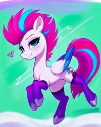 Size: 1536x1920 | Tagged: safe, derpibooru exclusive, imported from derpibooru, zipp storm, pegasus, pony, abstract background, ai content, ai generated, alternate hairstyle, clothes, concave belly, female, g5, generator:pony diffusion v4, generator:stable diffusion, looking at you, mare, prompter:siber, slim, smiling, smiling at you, socks, solo, thigh highs, thin