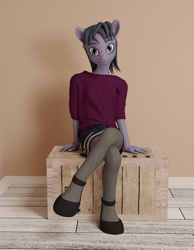 Size: 1680x2160 | Tagged: safe, artist:cicada bluemoon, imported from derpibooru, oc, oc only, oc:cicada bluemoon, anthro, 3d, anthro oc, box, clothes, crossdressing, femboy, looking at you, male, room, shirt, shoes, sitting, skirt, socks, solo, stockings, t-shirt, thigh highs