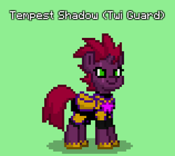 Size: 948x840 | Tagged: safe, imported from derpibooru, tempest shadow, pony, unicorn, pony town, armor, broken horn, female, green background, horn, mare, royal guard, simple background, solo, tempest becomes a royal guard, twilight guard