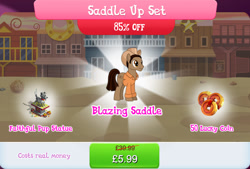 Size: 1268x858 | Tagged: safe, idw, imported from derpibooru, blazing saddle, earth pony, pony, bundle, clothes, costs real money, cowboy hat, english, gameloft, hat, idw showified, male, mobile game, my little pony: magic princess, numbers, official, sale, shirt, solo, stallion, statue, text