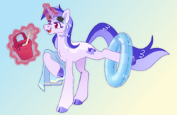 Size: 1286x839 | Tagged: safe, artist:polymercorgi, imported from derpibooru, sea swirl, seafoam, pony, unicorn, bucket, cloven hooves, female, glowing, glowing horn, gradient background, happy, horn, inner tube, magic, mare, open mouth, open smile, pool toy, quadrupedal, shovel, smiling, solo, sunglasses, towel