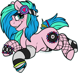Size: 1736x1627 | Tagged: safe, artist:sexygoatgod, imported from derpibooru, oc, oc only, oc:groove surfer, earth pony, pony, adoptable, clothes, female, fishnets, glowstick, headphones, mare, mismatched socks, simple background, sock, socks, solo, stockings, thigh highs, transparent background