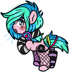 Size: 913x946 | Tagged: safe, artist:sexygoatgod, imported from derpibooru, oc, oc only, oc:groove surfer, earth pony, pony, adoptable, butt, chibi, clothes, female, fishnets, glowstick, headphones, mare, mismatched socks, plot, rear view, simple background, sock, socks, solo, stockings, striped socks, thigh highs, transparent background