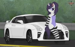 Size: 3605x2269 | Tagged: safe, alternate version, artist:blued_cross31, imported from derpibooru, oc, oc only, oc:weel'kha, kirin, pony, bedroom eyes, car, clothes, female, initial d, kirin oc, nissan, nissan gt-r, sitting, socks, solo, striped socks, thigh highs, vehicle