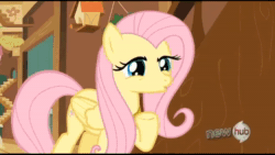 Size: 1280x720 | Tagged: safe, imported from derpibooru, screencap, discord, fluttershy, draconequus, pegasus, pony, keep calm and flutter on, season 3, all new, animated, discord being discord, duo, duo male and female, eating, element of kindness, female, fluttershy's cottage, folded wings, fork, hub logo, john de lancie, logo, male, mare, paper, sound, text, the hub, webm, wings