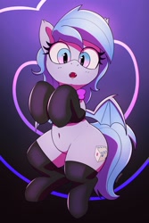 Size: 1954x2921 | Tagged: safe, artist:pabbley, imported from derpibooru, oc, oc only, oc:lucky roll, bat pony, pony, :o, bat pony oc, belly button, bipedal, bowtie, chubby, clothes, female, heart, heart background, looking at you, mare, open mouth, solo, stockings, thigh highs