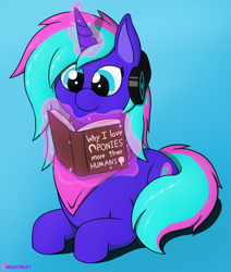 Size: 1614x1900 | Tagged: safe, artist:passionpanther, imported from derpibooru, oc, oc only, oc:heartbeat, pony, unicorn, bandana, book, gradient background, headphones, humor, reading, solo