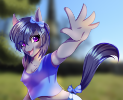 Size: 2915x2374 | Tagged: dead source, safe, artist:quotidianmagick, imported from derpibooru, oc, oc only, anthro, bow, eye clipping through hair, female, smiling, solo, tail, tail bow